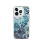 Artistic ocean-inspired MagSafe iPhone 14 Pro case with abstract beach-themed design in blue color.