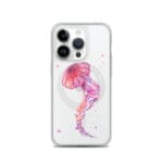 Pink jellyfish animal art MagSafe case for iPhone 14 Pro with vibrant purple and pink hues.
