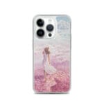 Elegant MagSafe iPhone 14 Pro case with a tranquil girl-on-ocean watercolor design in pink and blue tones