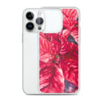 Watercolor poinsettia floral MagSafe case on white iPhone, clear holiday iPhone cover with Christmas flower design for winter gifting.