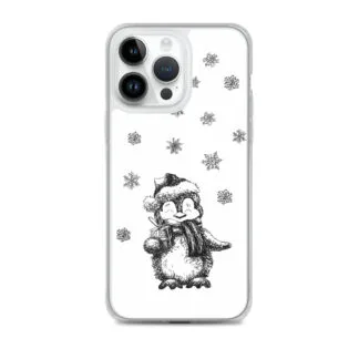 Snowy penguin design on a clear MagSafe case, crafted for iPhone 14 Pro Max; provides seasonal flair and reliable protection.