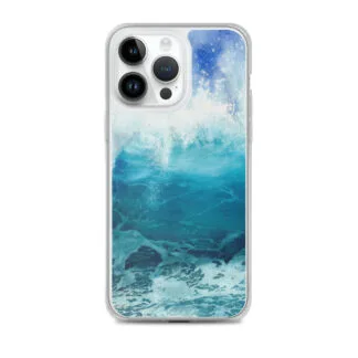 iPhone 14 Pro Max case with calming blue ocean wave watercolor art.