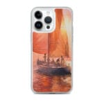 Trendy MagSafe iPhone 14 Pro Max case with dynamic red and orange ocean-inspired painting and boat details.
