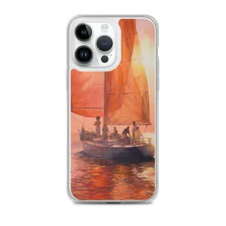 Trendy MagSafe iPhone 14 Pro Max case with dynamic red and orange ocean-inspired painting and boat details.