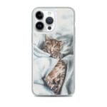 Cute kitten MagSafe clear case for iPhone 14 Pro Max with soft, warm watercolor tones.