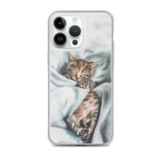 Cute kitten MagSafe clear case for iPhone 14 Pro Max with soft, warm watercolor tones.