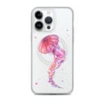 Pink jellyfish MagSafe clear case for iPhone 14 Pro Max with artistic animal watercolor design.