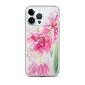 Pink tulips floral MagSafe clear case for iPhone 14 Pro Max with elegant watercolor flowers.