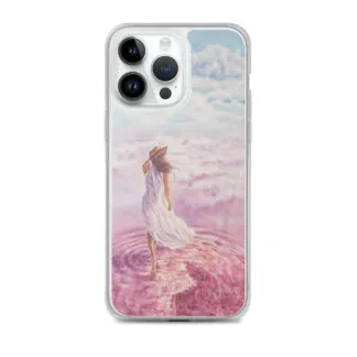 Artistic MagSafe iPhone 14 Pro Max case with soft, pastel beach and sky watercolor artwork