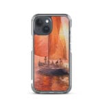 Vibrant MagSafe iPhone 15 case featuring an abstract watercolor ocean sunset and sailing boat.