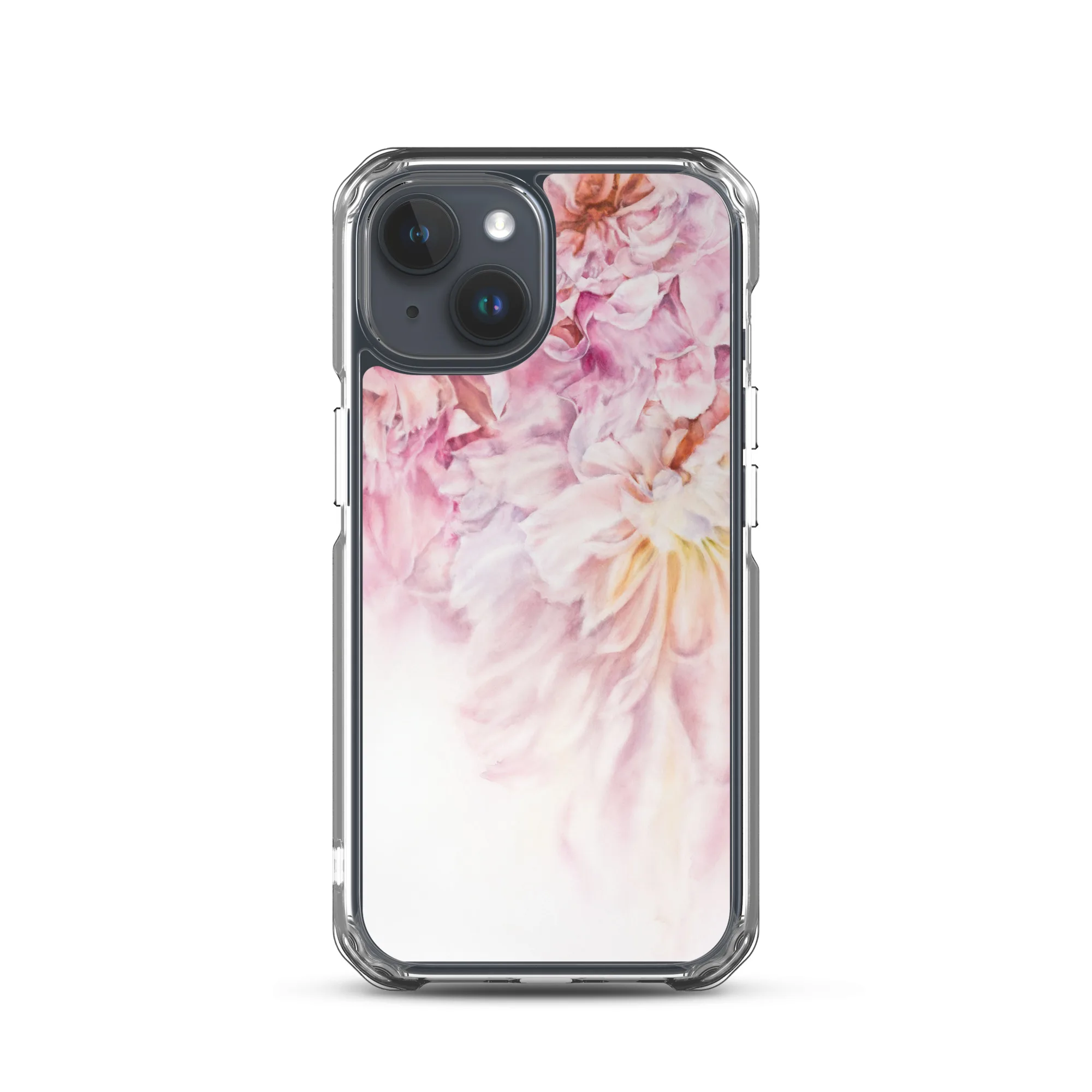 Delicate pink peony flowers and white petals spring watercolor art iPhone 15 case.