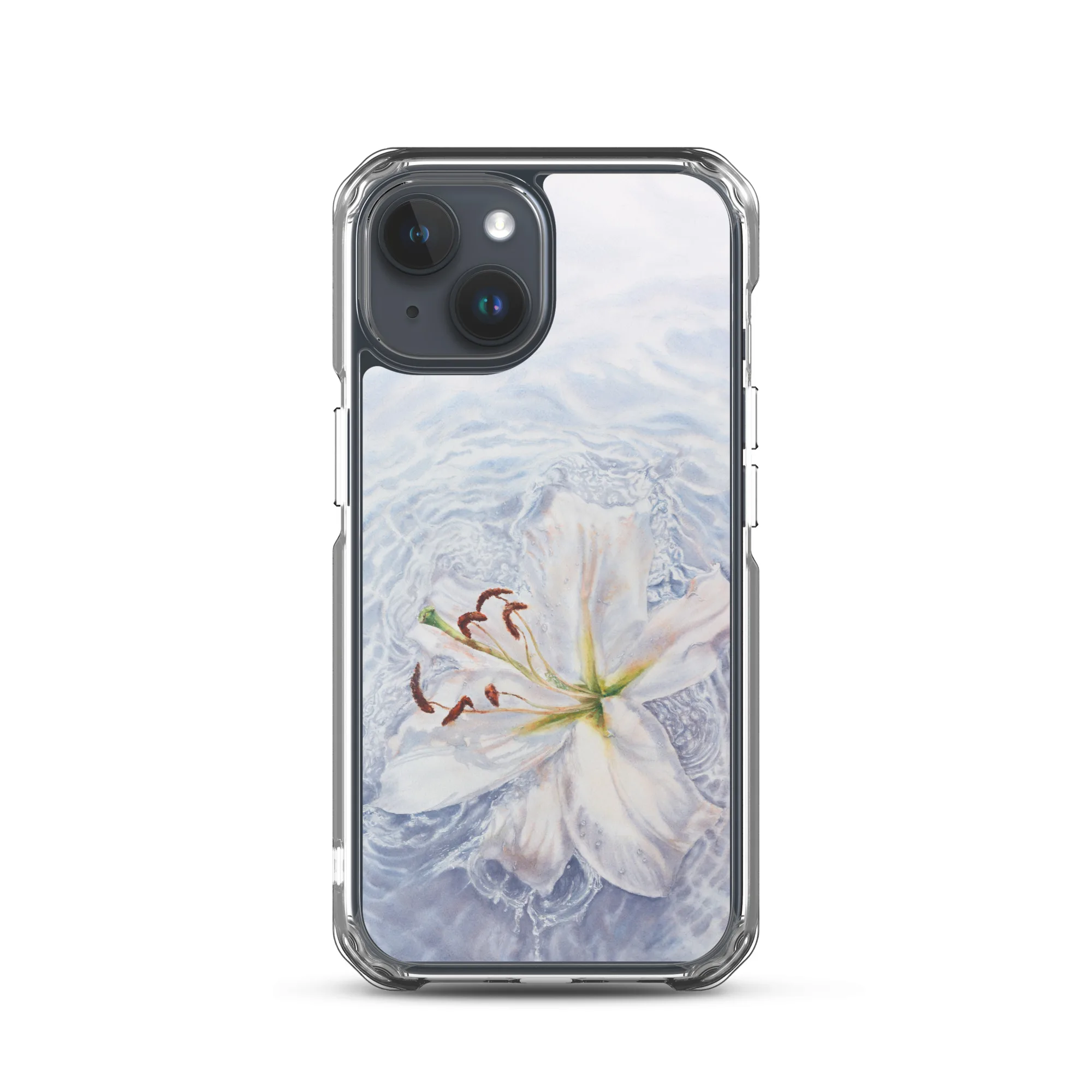 iPhone 15 clear case with white lily in water watercolor art design.