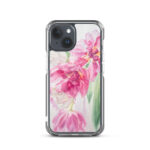 iPhone 15 clear case with pink tulips watercolor painting, stylish and protective.