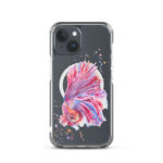 Pink Betta Fish MagSafe iPhone 15 case featuring elegant watercolor artwork of a betta fish in pink and purple tones.