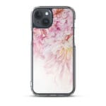 Spring pink and white peony flowers watercolor art MagSafe iPhone 15 Plus case.
