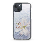 iPhone 15 Plus clear case with a tranquil white lily floating on calm water.