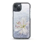 iPhone 15 Plus clear case with a tranquil white lily floating on calm water.