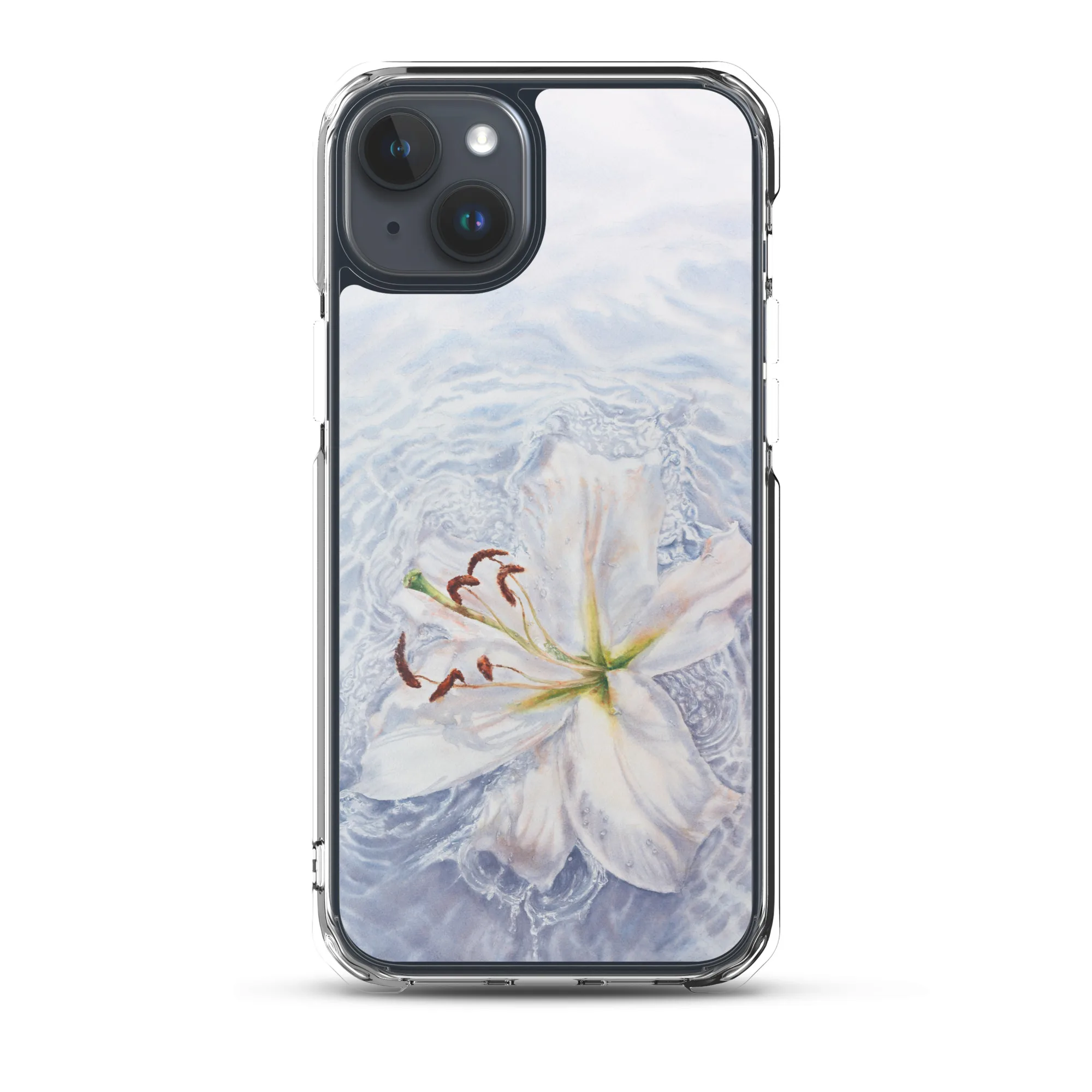 iPhone 15 Plus clear case with a tranquil white lily floating on calm water.