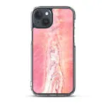 Modern MagSafe iPhone 15 Plus case featuring abstract pink lake tones and fluid shapes, perfect for elegant style.