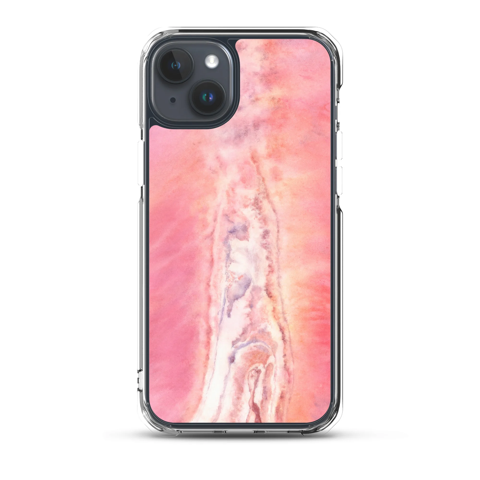Modern MagSafe iPhone 15 Plus case featuring abstract pink lake tones and fluid shapes, perfect for elegant style.