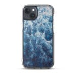 MagSafe iPhone 15 Plus case featuring navy blue watercolor ocean-inspired design
