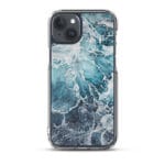 Beach-inspired abstract blue MagSafe iPhone 15 Plus case featuring ocean waves.