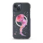 iPhone 15 Plus clear case with pink and purple jellyfish animal art.