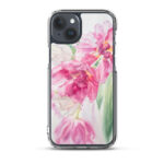 iPhone 15 Plus clear case with elegant pink tulips floral art design.