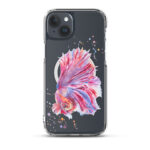 MagSafe iPhone 15 Plus case with Pink Betta Fish watercolor design, artistic animal iPhone cover.