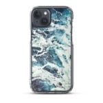 MagSafe iPhone 15 Plus case with abstract watercolor ocean design in blue and green tones