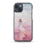 Serene MagSafe iPhone 15 Plus case with watercolor art of a pink ocean and tender blue sky