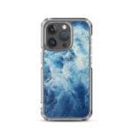 Abstract ocean blue phone case for iPhone 15 Pro, watercolor art water surface design.