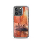 MagSafe iPhone 15 Pro case with a watercolor painting of a vibrant sunset above the ocean and a sailing boat in red and orange colors.