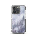 Unique winter snow forest in watercolor art on iPhone 15 Pro MagSafe case.
