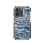 MagSafe iPhone 15 Max case with deep blue ocean water surface on sunset watercolor art scene with reflections.