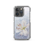 MagSafe iPhone 15 Pro case with delicate white lily in blue water watercolor painting.
