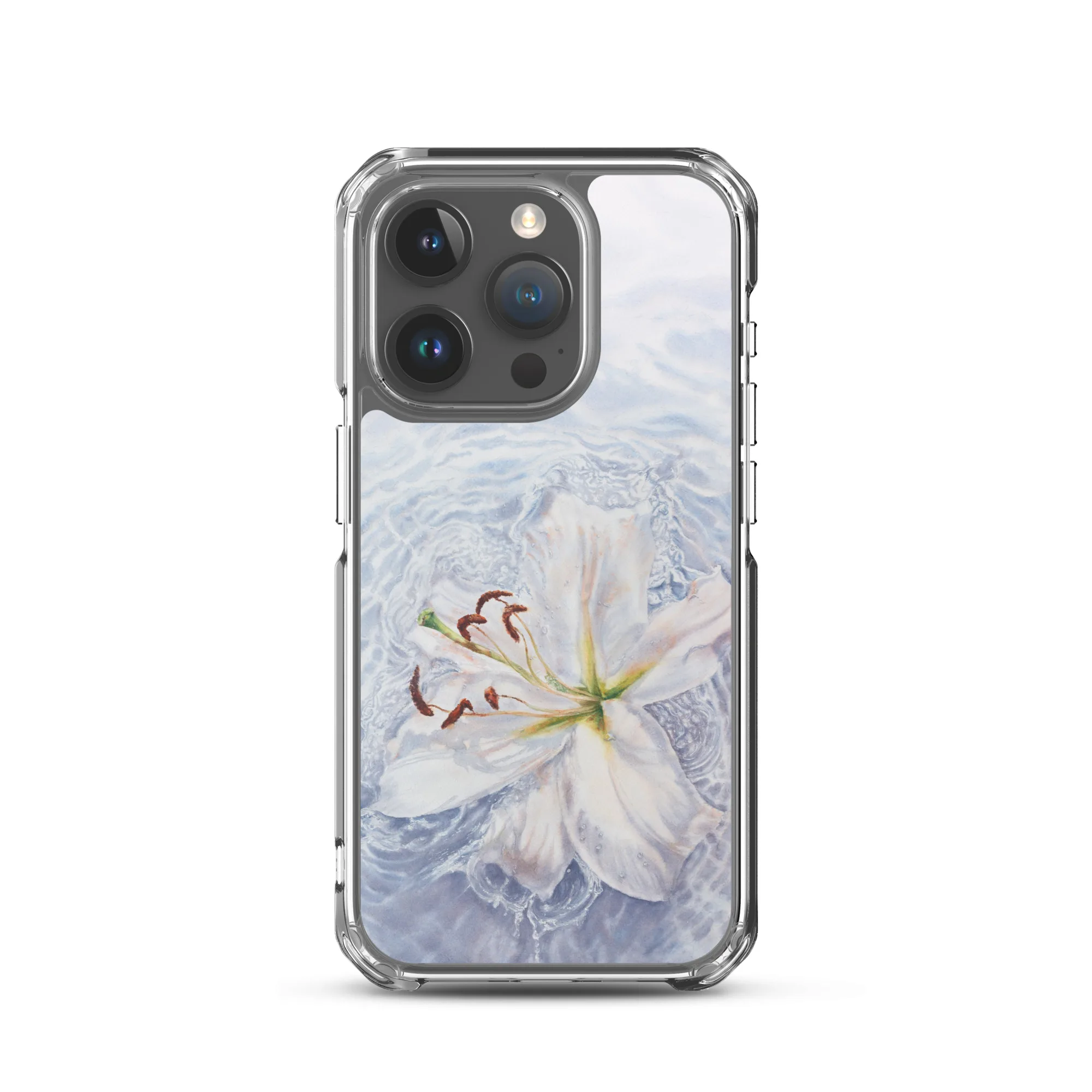 MagSafe iPhone 15 Pro case with delicate white lily in blue water watercolor painting.