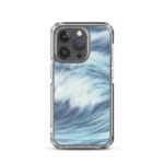 MagSafe iPhone 15 Pro case with watercolor blue ocean waves art.
