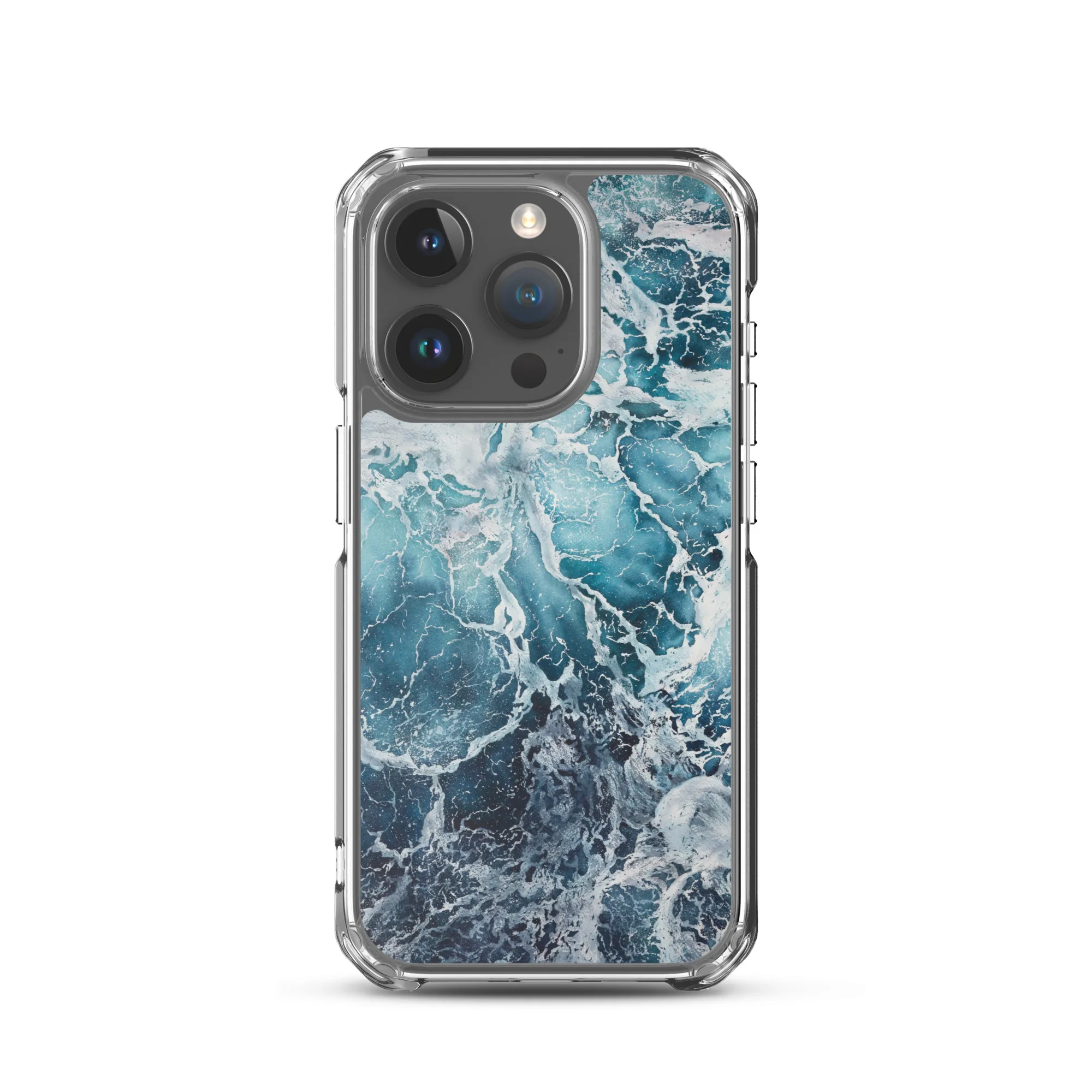 Coastal design MagSafe iPhone 15 Pro case with serene abstract blue ocean art.