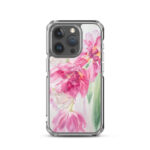MagSafe iPhone 15 Pro case featuring delicate tulips in soft pink and purple tones.