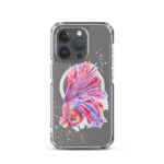 Pink Betta Fish MagSafe iPhone 15 Pro case showcasing artistic watercolor painting of a pink and purple fish.