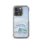 Turquoise blue ocean waves MagSafe case for iPhone 15 Pro, watercolor art.