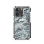 MagSafe case for iPhone 15 Pro with watercolor ocean waves in grey and blue colors.