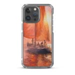Bold MagSafe iPhone 15 Pro Max case with sunset ocean hues and a sailing boat watercolor painting.