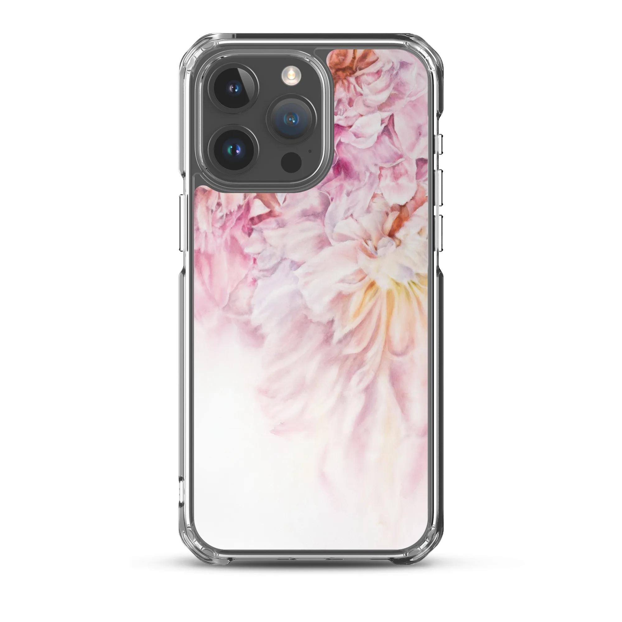 Pink and white peony spring watercolor art design iPhone 15 Pro Max case.