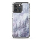 Snowy forest watercolor painting on iPhone 15 Pro Max MagSafe clear case.