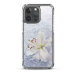 Durable MagSafe iPhone 15 Pro Max case showcasing white lily and water watercolor art.