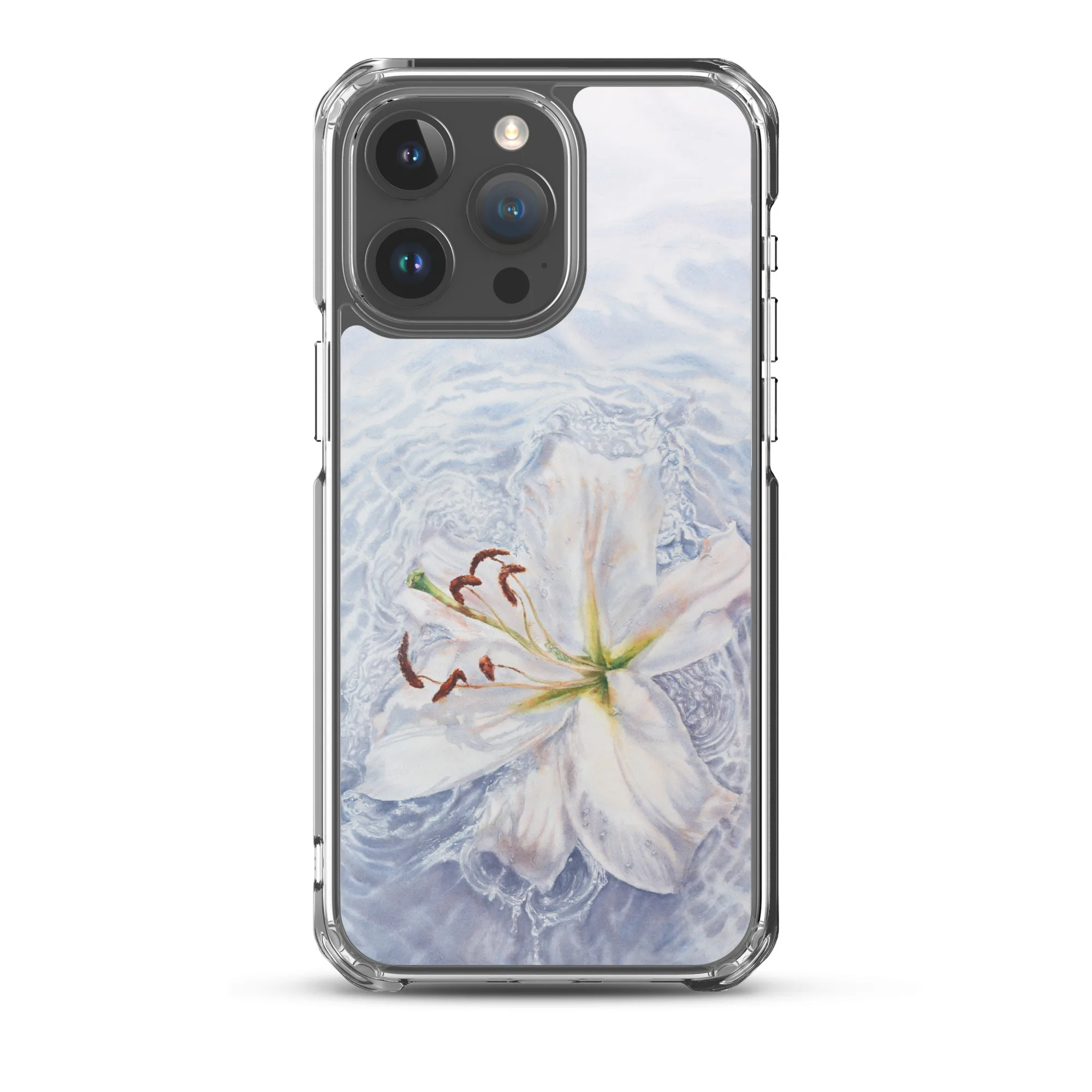 Durable MagSafe iPhone 15 Pro Max case showcasing white lily and water watercolor art.