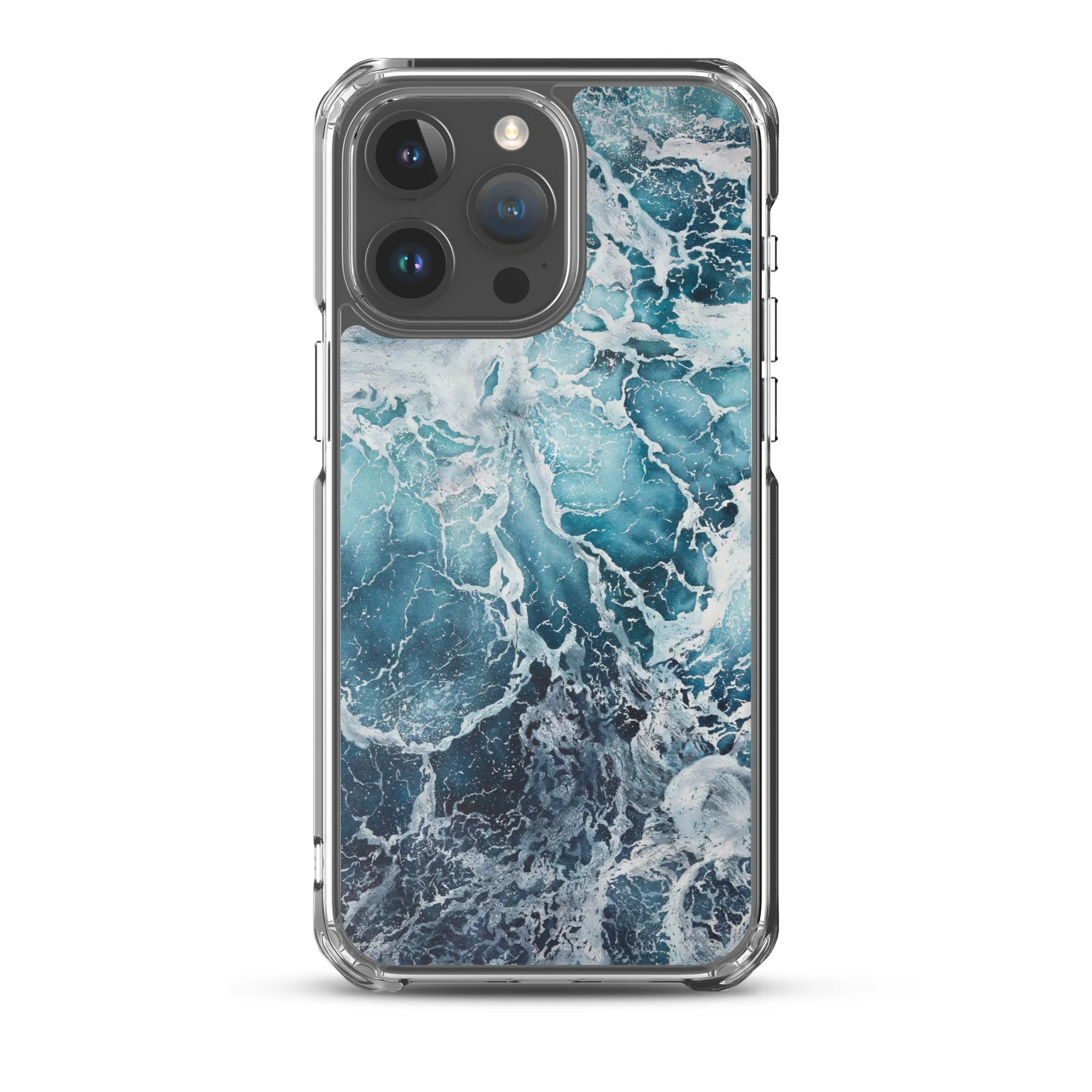 Elegant MagSafe iPhone 15 Pro Max case with artistic sea-inspired abstract design in blue color.