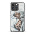 Durable MagSafe iPhone 15 Pro Max case with artistic kitten design in soft tones.